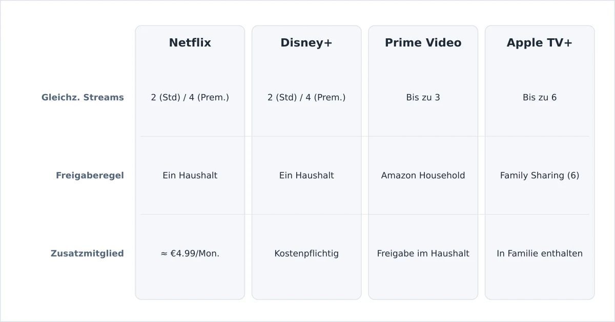 Streaming-Dienste im Vergleich bei gleichzeitigen Streams und Freigaberegeln