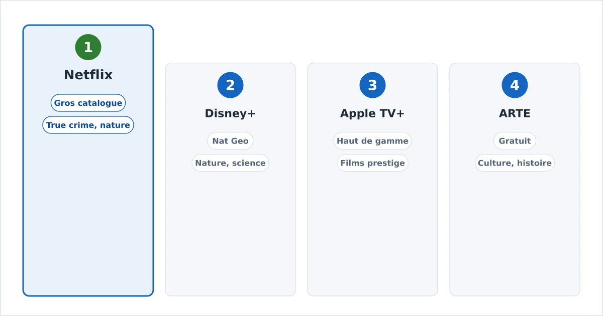 Des services de streaming classés pour les documentaires, avec icônes nature, histoire et science