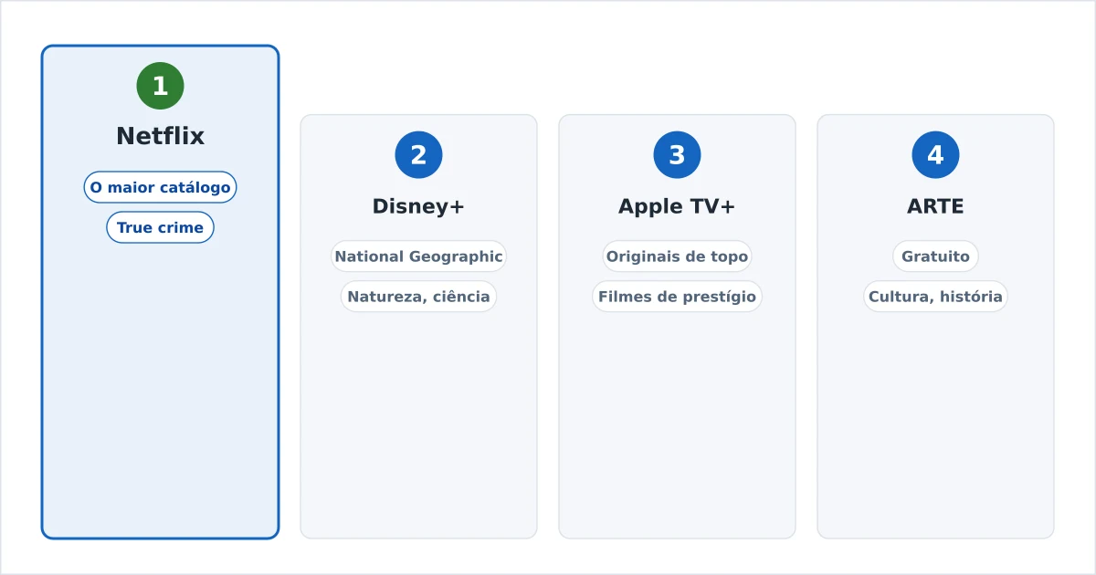 Serviços de streaming ordenados para documentários, com ícones de natureza, história e ciência