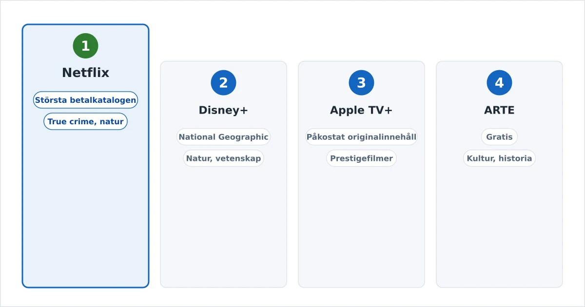 Streamingtjänster rankade för dokumentärer med ikoner för natur, historia och vetenskap