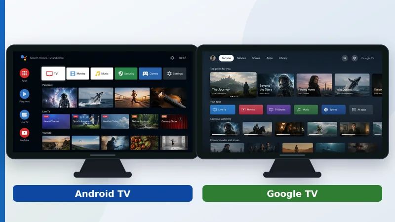 Sammenligning av en Android TV-hjemmeskjerm med apprutenett ved siden av en Google TV-hjemmeskjerm med innholdsrader