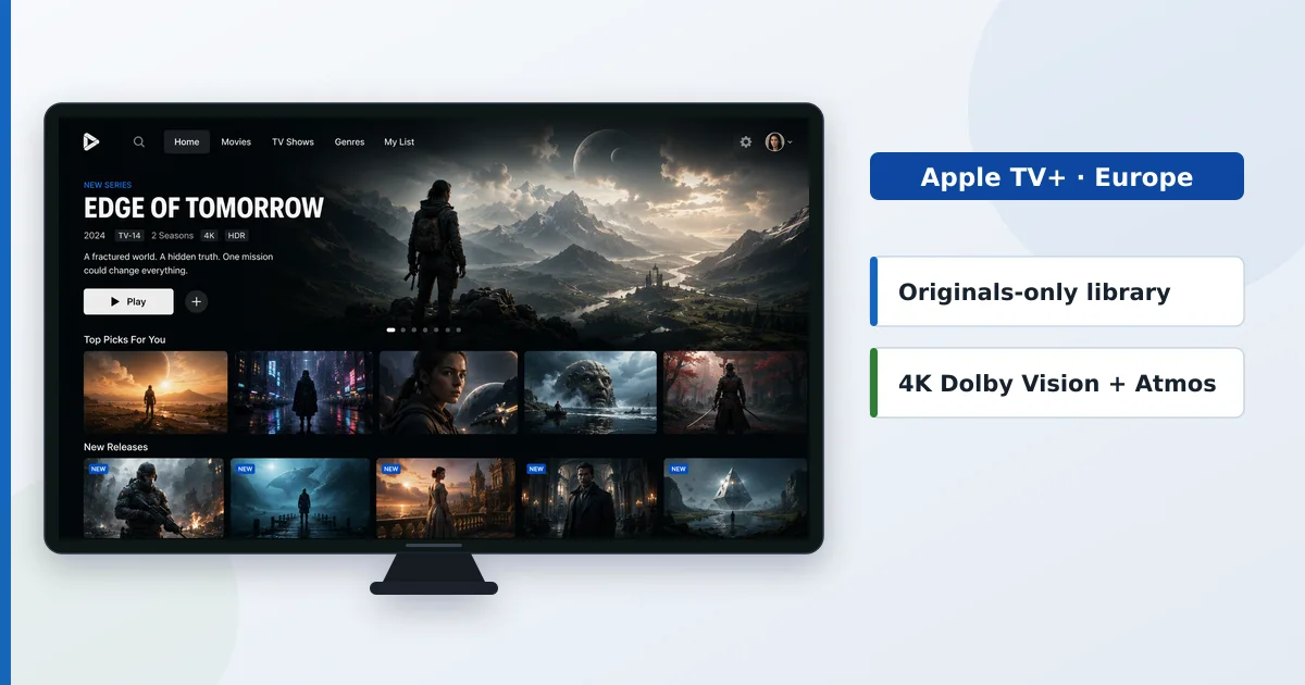 En strømme-hjemmeskjerm på en TV ved siden av Apple TV+-originalproduksjoner og 4K Dolby Vision