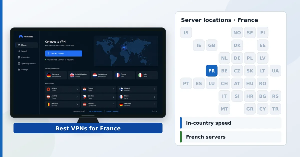 De beste VPN-ene for Frankrike vist med franske serverplasseringer