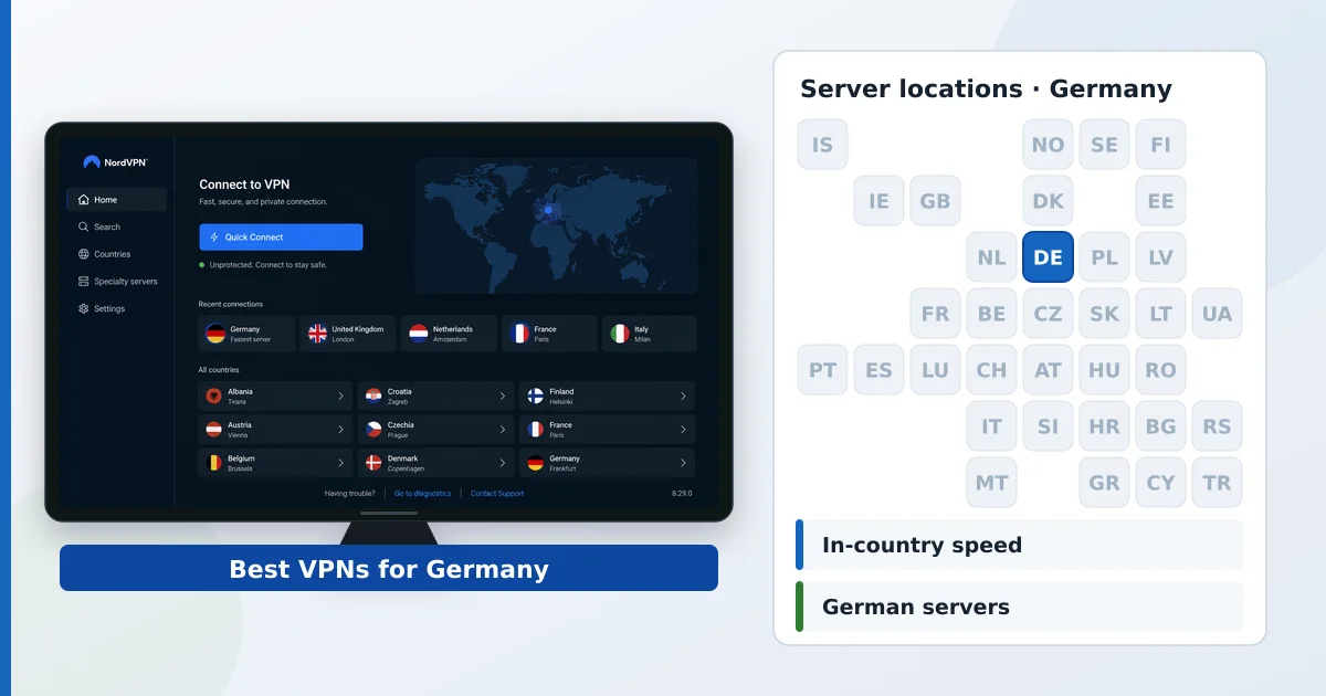 De beste VPN-ene for Tyskland vist med tyske serverplasseringer