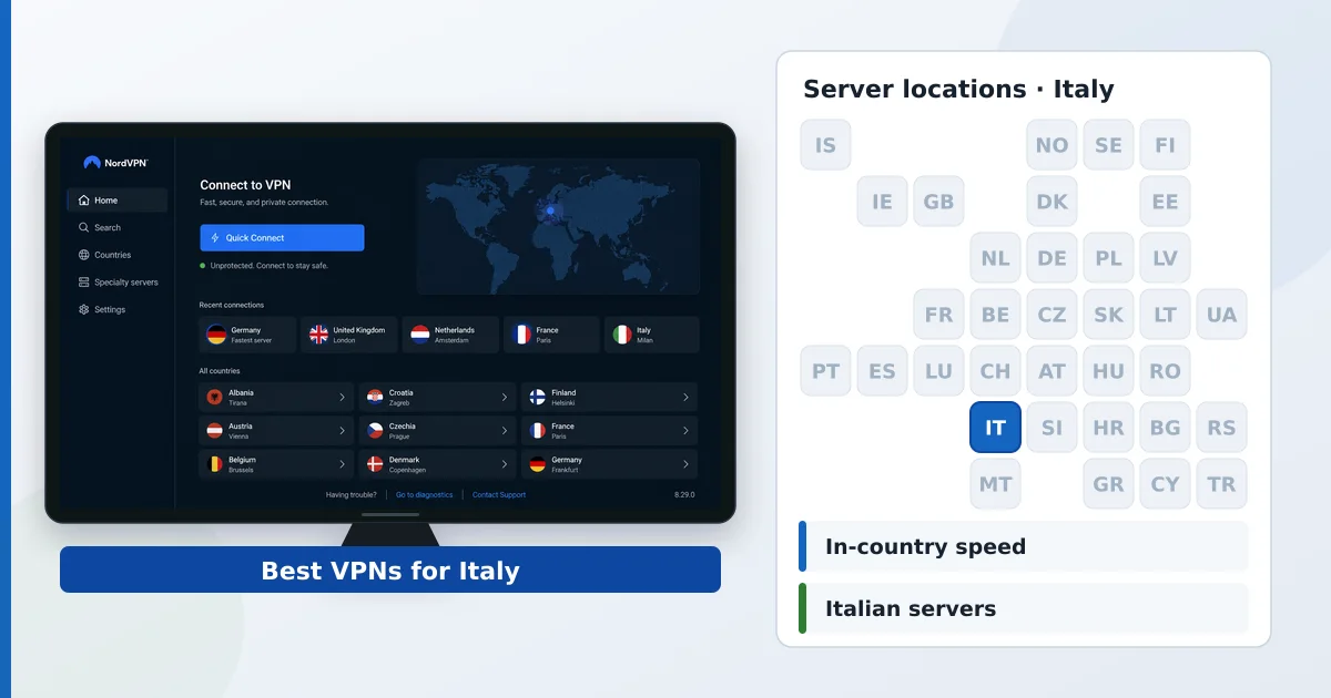 De beste VPN-ene for Italia vist med italienske serverplasseringer