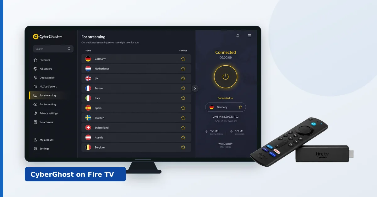 CyberGhost-appen som kjører på en Fire TV koblet til en strømmeoptimalisert server