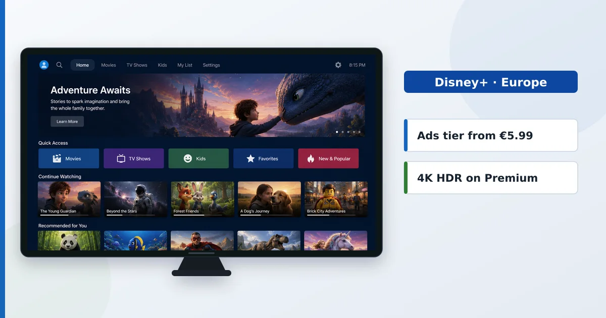 En strømme-hjemmeskjerm på en TV ved siden av Disney+-franchisehuber og abonnementer