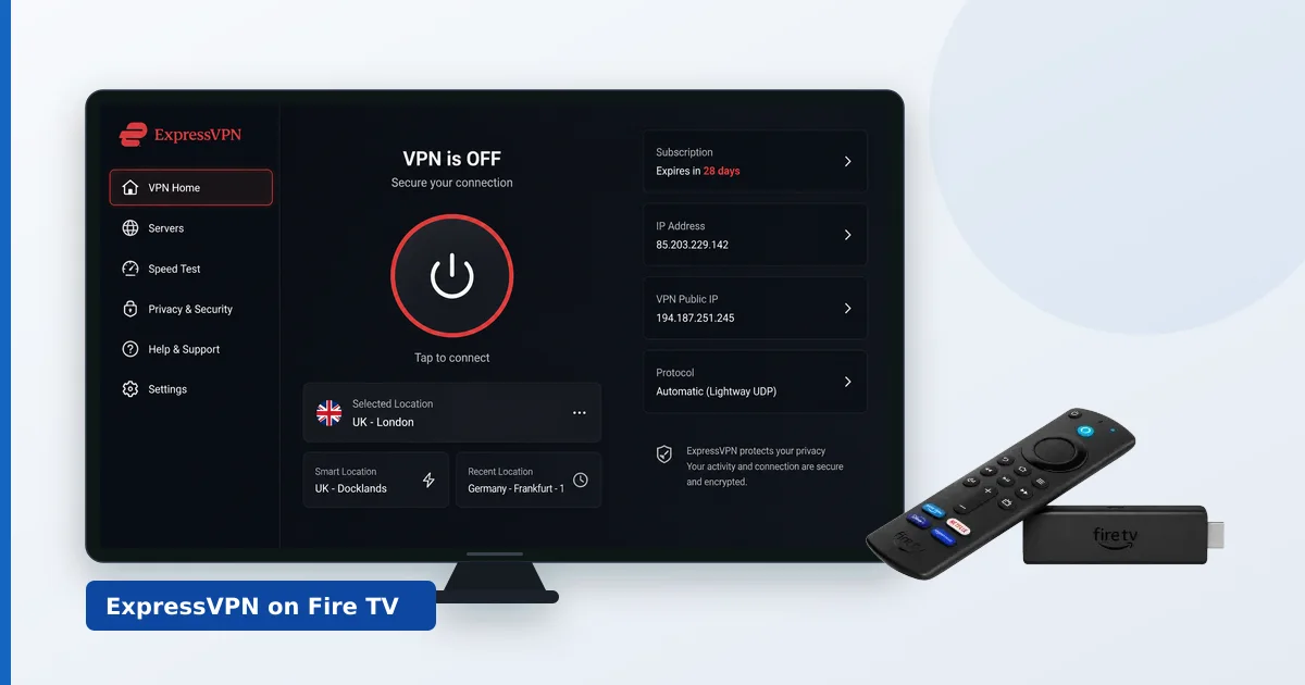 ExpressVPN-appen som kjører på en Fire TV koblet til en europeisk server