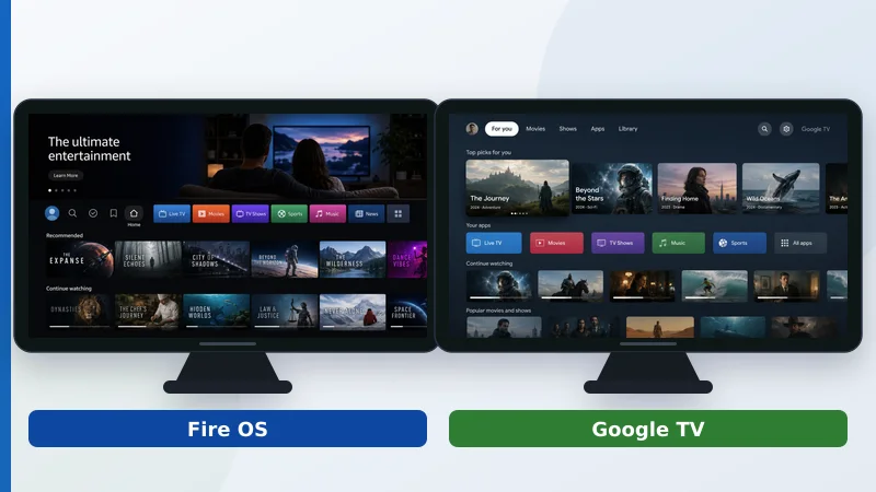 Fire OS-startskjermen ved siden av Google TV-startskjermen, som viser forskjellene i grensesnittet