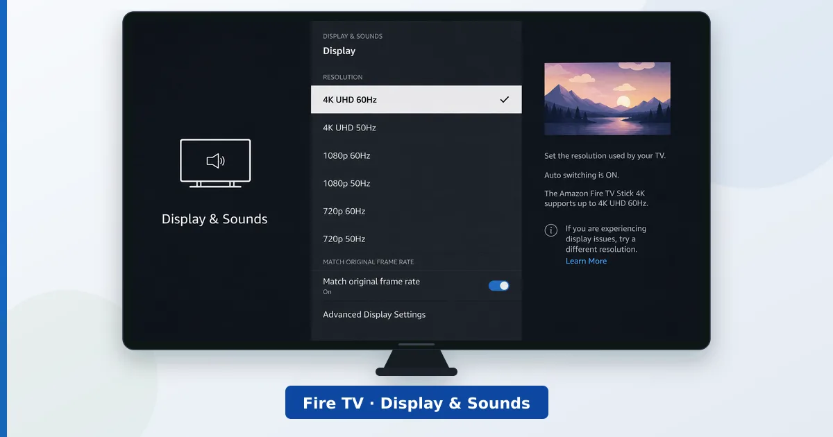 Innstillingene Skjerm og lyd på en Fire TV med valg for 4K, HDR og lyd
