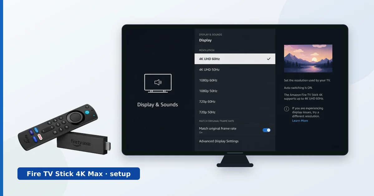 En Fire TV Stick, fjernkontrollen og kablene lagt fram foran en TV som viser oppsettskjermen