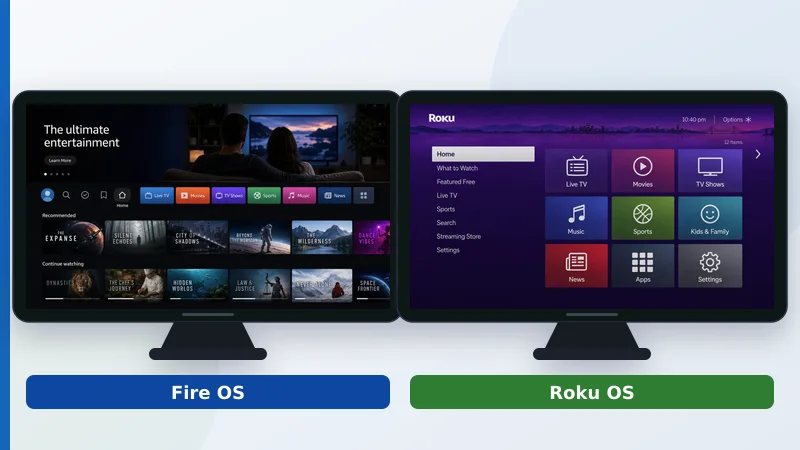 Apputvalget i Fire OS ved siden av den enklere startskjermen i Roku OS