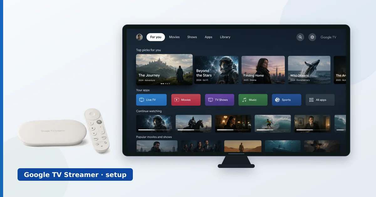 En Google TV Streamer som kobles til en TV under oppsettet
