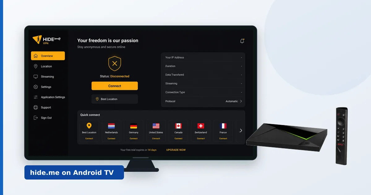 hide.me-appen som kjører på en Android TV koblet til en europeisk server