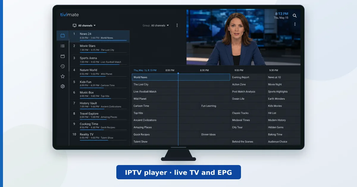 En TV som viser en moderne IPTV-avspiller med kanalliste for direktesendt TV og programoversikt