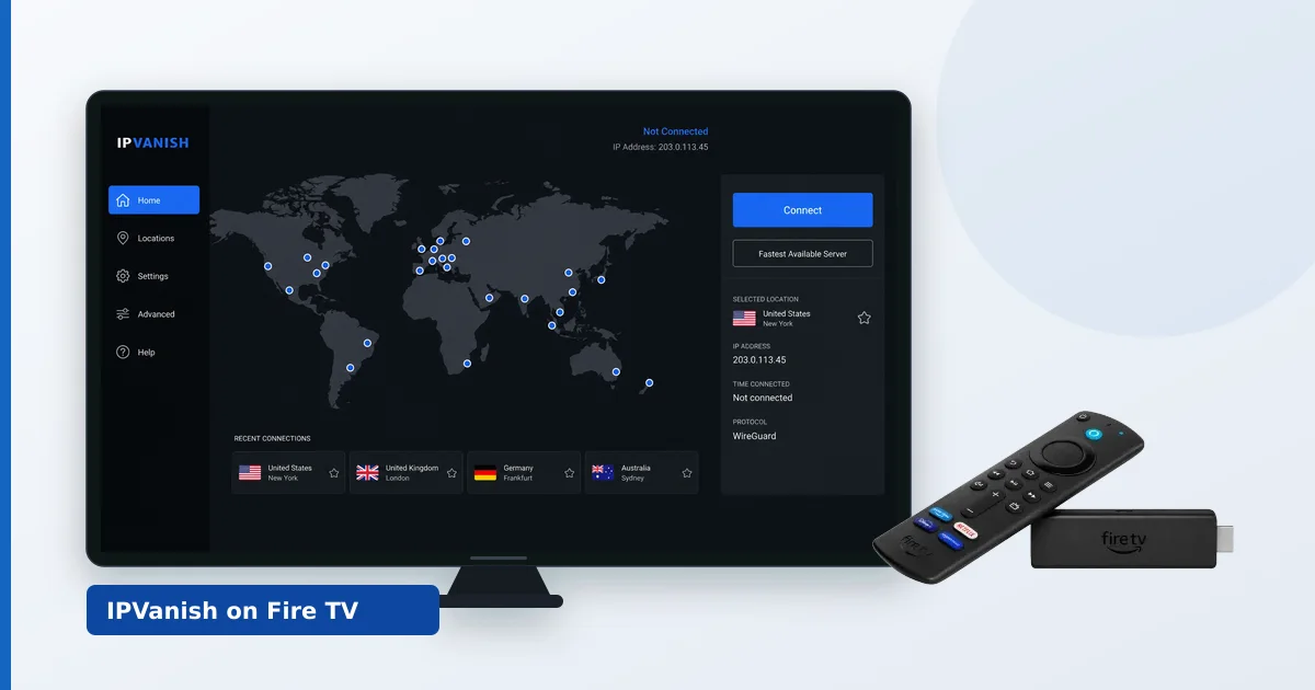IPVanish-appen som kjører på en Fire TV koblet til en europeisk server