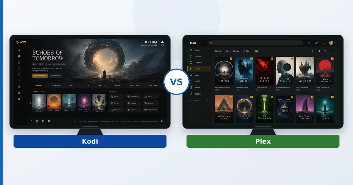 Grensesnittene i Kodi og Plex side ved side over et mediebibliotek som bakgrunn