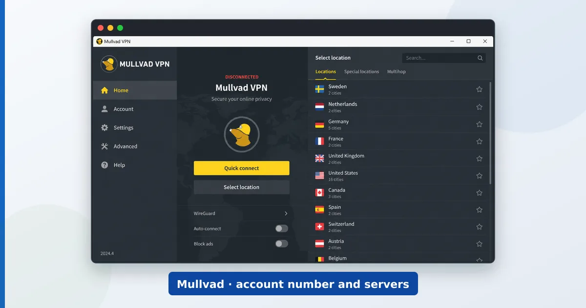 Mullvad-appen som viser et anonymt kontonummer og en europeisk server