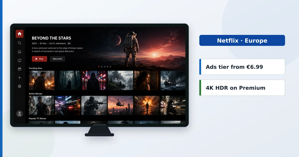 En strømme-hjemmeskjerm på en TV ved siden av Netflix-abonnementer og kvalitetsnivåer