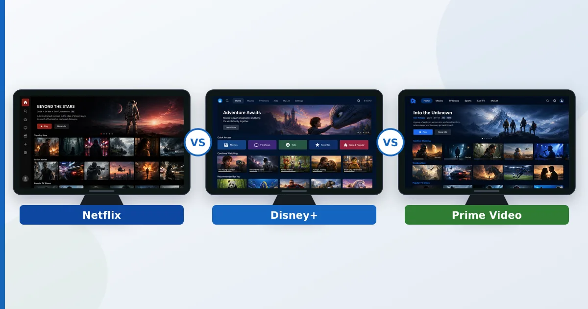 Tre strømme-hjemmeskjermer merket Netflix, Disney+ og Prime Video side om side, hver i sin egen TV-ramme