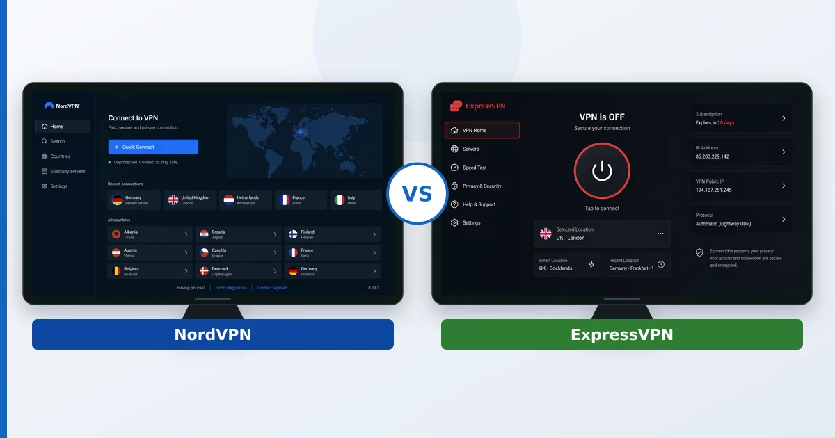 NordVPN- og ExpressVPN-appene vist side ved side på TV-skjermer