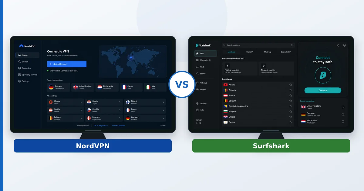 NordVPN- og Surfshark-appene vist side ved side på TV-skjermer