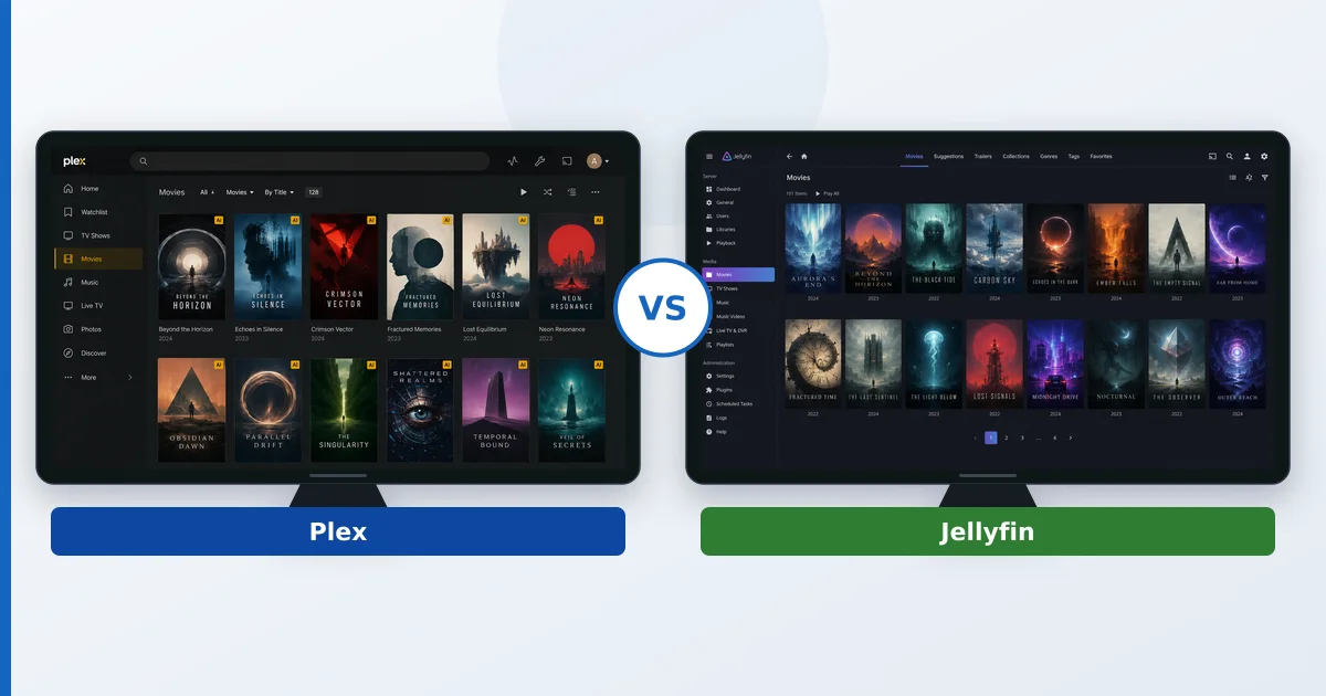 Grensesnittene i Plex og Jellyfin side ved side over et mediebibliotek som bakgrunn
