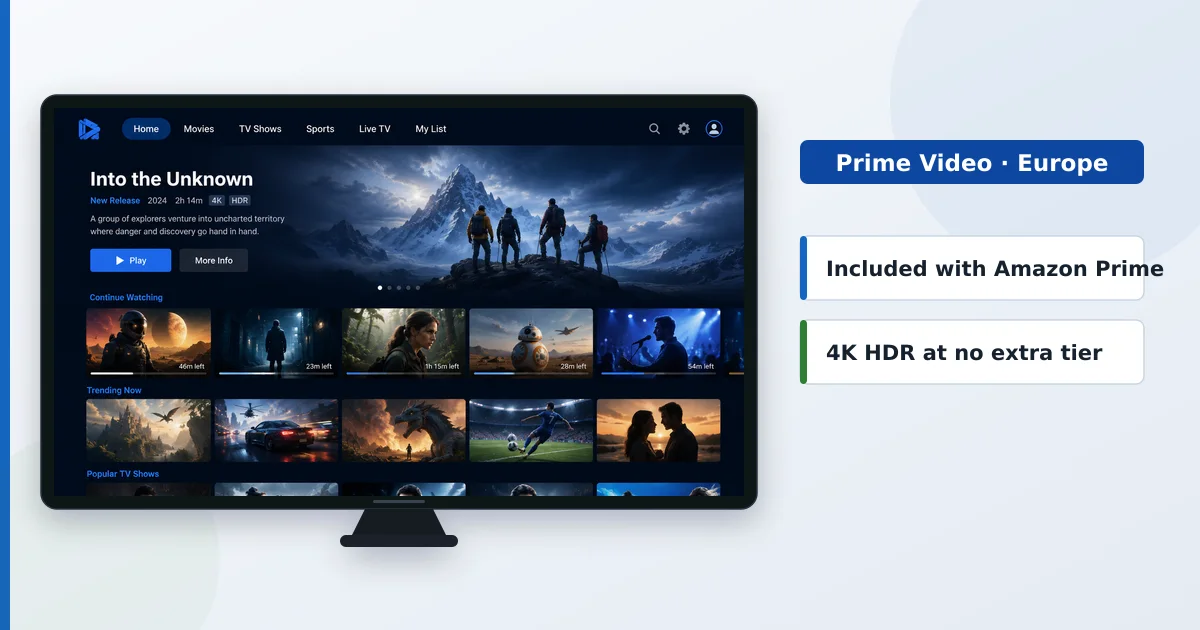 En strømme-hjemmeskjerm på en TV ved siden av Prime Video-medlemskap og 4K