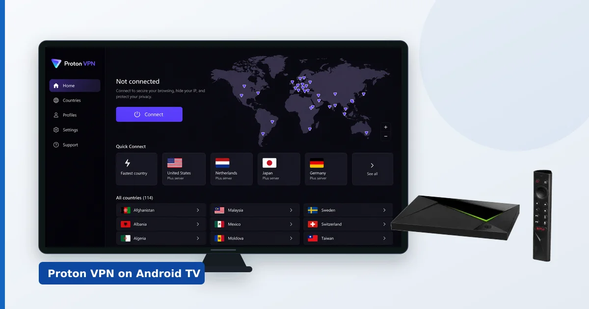 Proton VPN-appen som kjører på en Android TV koblet til en europeisk server