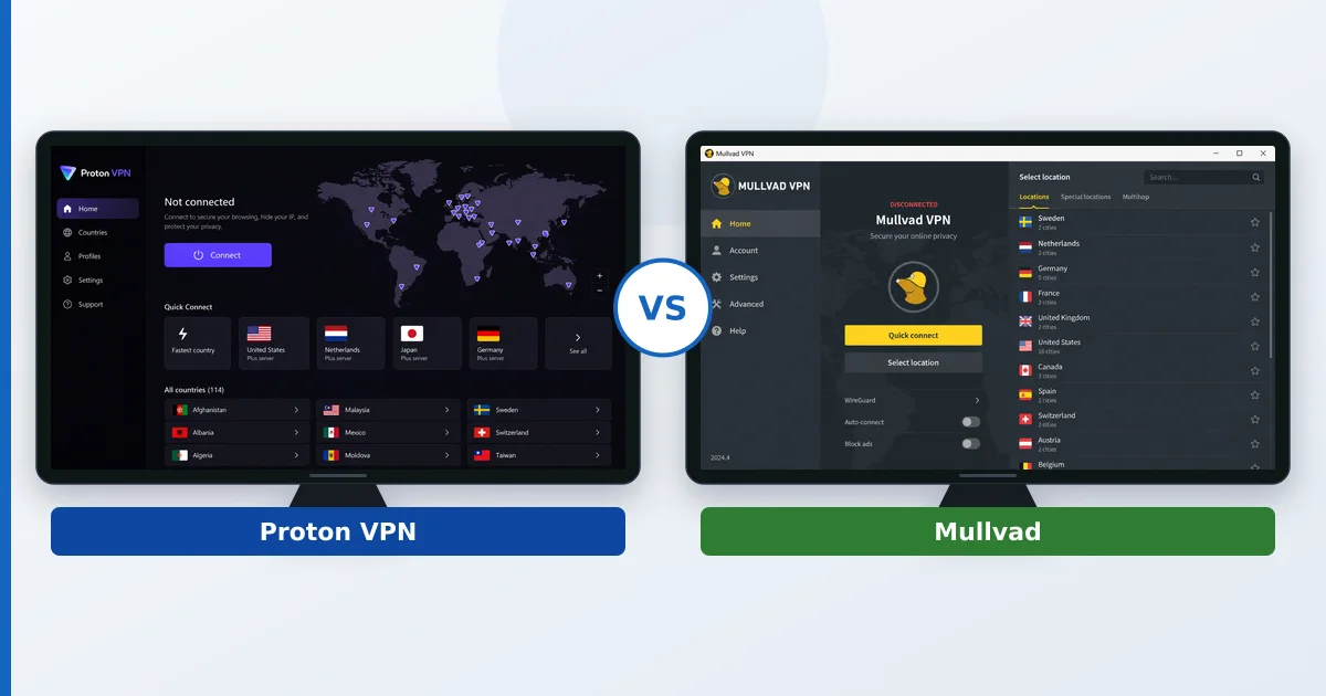 Proton VPN- og Mullvad-appene vist side ved side