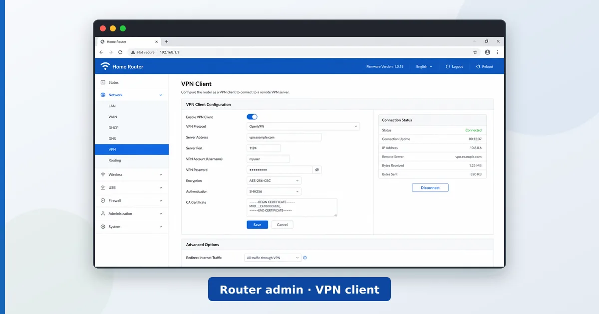 En administrasjonsside i en ruter som viser feltene for oppsett av VPN-klienten