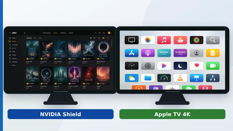 NVIDIA Shield som kjører en Plex-server ved siden av Apple TV som spiller av en strømmeapp