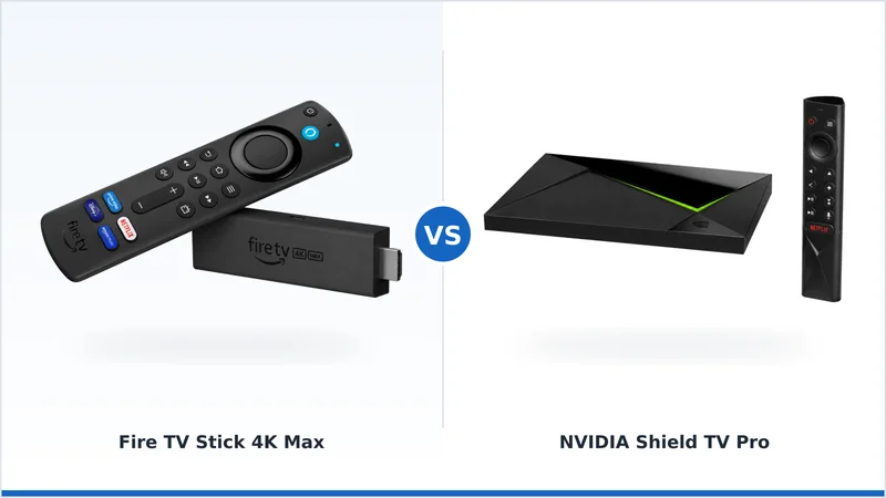 Den kompakte Fire TV Stick 4K Max ved siden av NVIDIA Shield TV Pro-boksen med Ethernet- og USB-porter