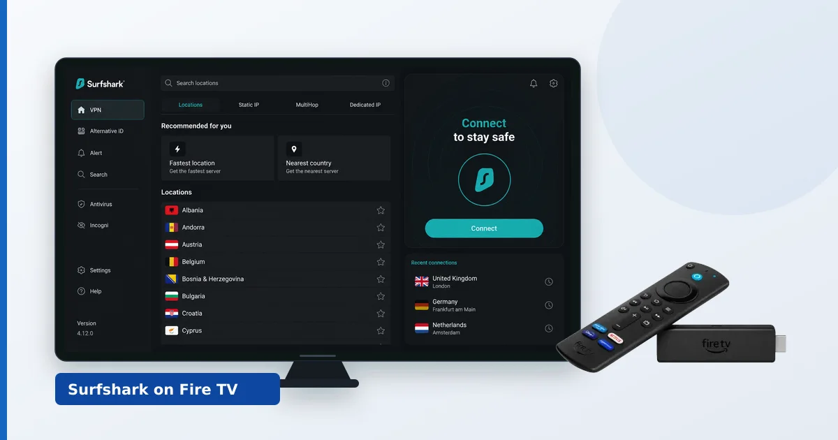 Surfshark-appen som kjører på en Fire TV koblet til en europeisk server