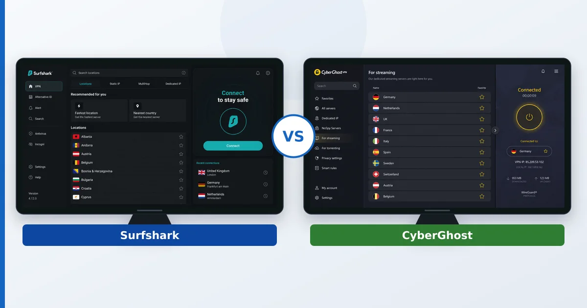 Surfshark- og CyberGhost-appene vist side ved side på TV-skjermer