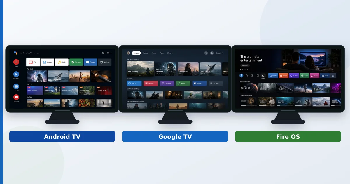 Tre hjemmeskjermer for strømming side ved side for Android TV, Google TV og Fire OS
