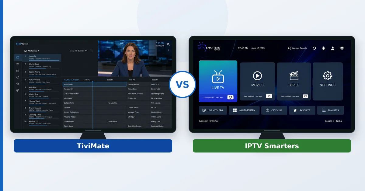 Grensesnittene til TiviMate og IPTV Smarters side ved side