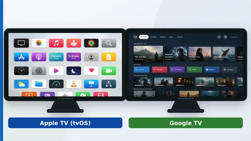 Det rene tvOS-grensesnittet ved siden av Google TV-grensesnittet som setter innholdet først