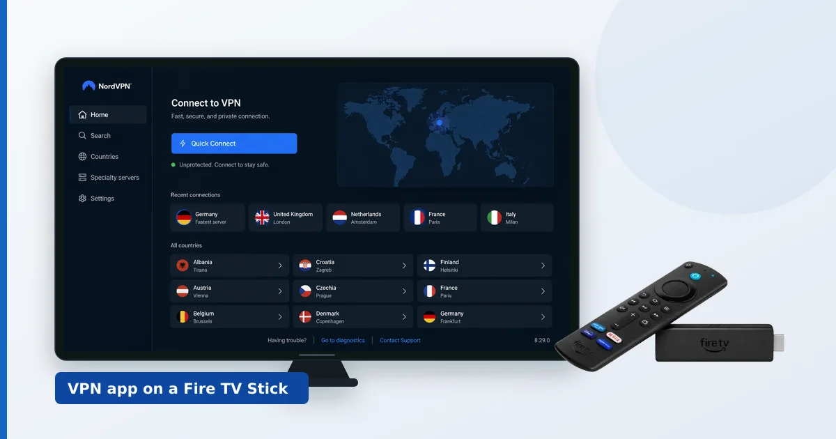 En tilkoblet VPN-app på en Fire TV Stick vist på en TV i stua