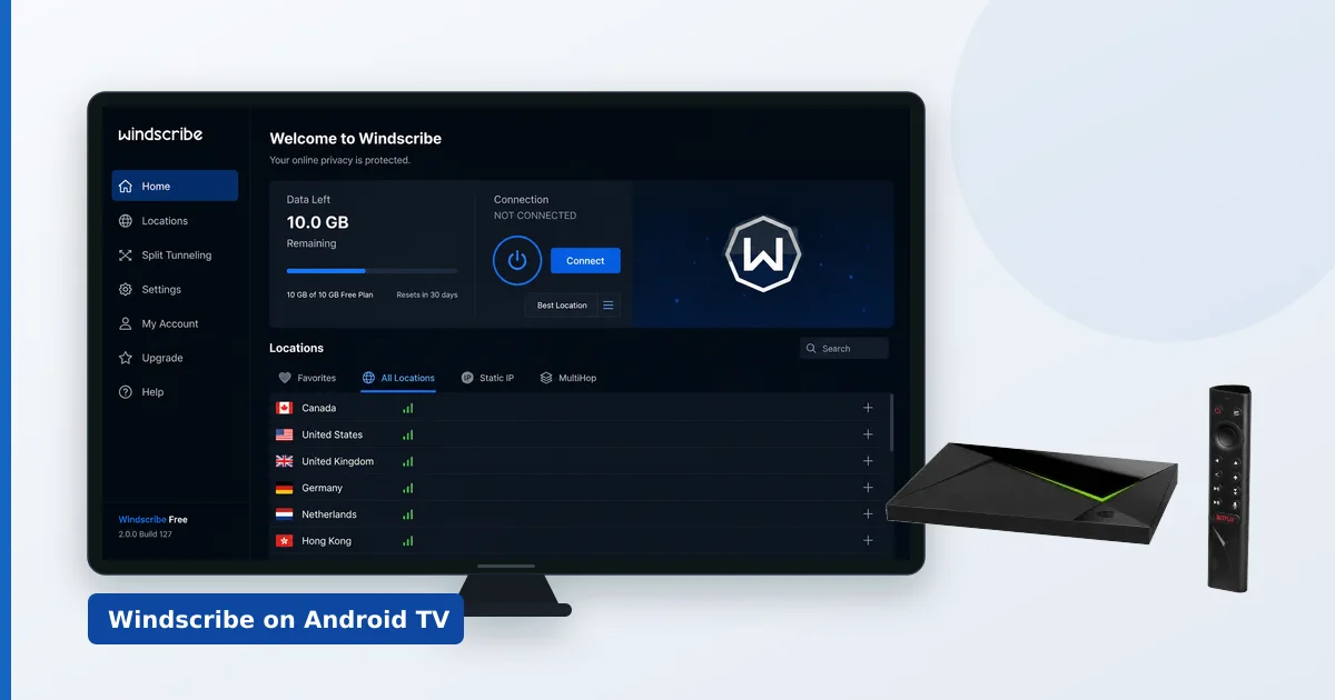 Windscribe-appen som kjører på en Android TV koblet til en europeisk server