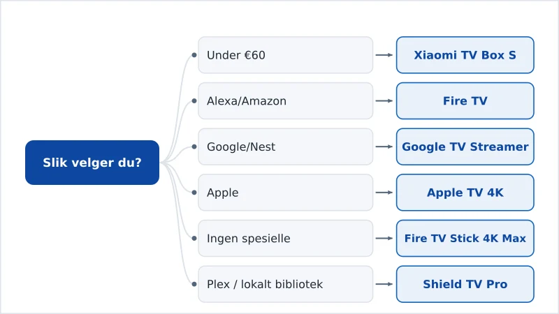 Et beslutningsdiagram som kobler budsjett, økosystem og spesielle behov til riktig strømmeenhet
