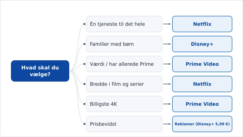 Et beslutningsdiagram, der anbefaler Netflix, Disney+ eller Prime efter behov