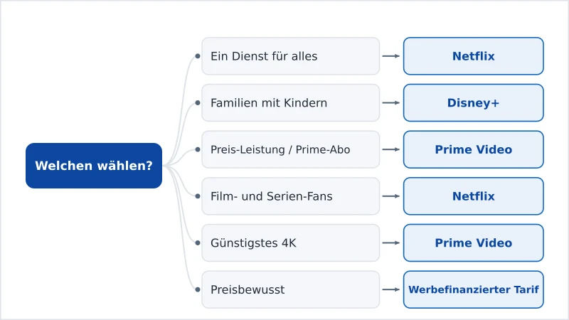 Ein Entscheidungsdiagramm, das je nach Bedarf Netflix, Disney+ oder Prime empfiehlt