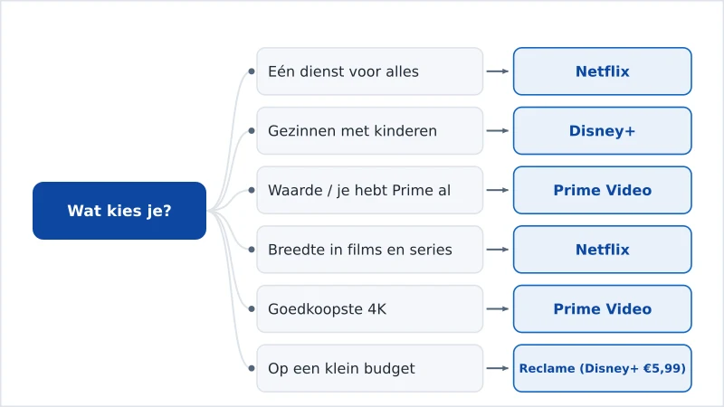Een beslisschema dat Netflix, Disney+ of Prime aanraadt op basis van je behoefte