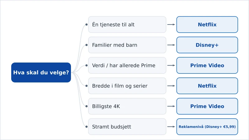 Et beslutningskart som anbefaler Netflix, Disney+ eller Prime etter behov
