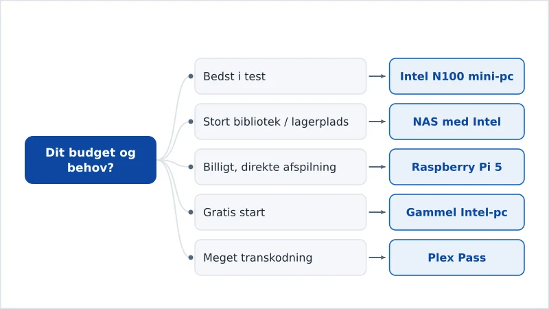 Et skema, der matcher hardware til en Plex-server med budget og behov for transkodning