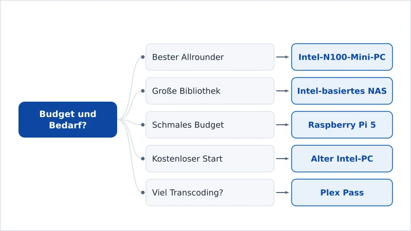 Eine Grafik, die Plex-Server-Hardware an Budget und Transcoding-Bedarf anpasst