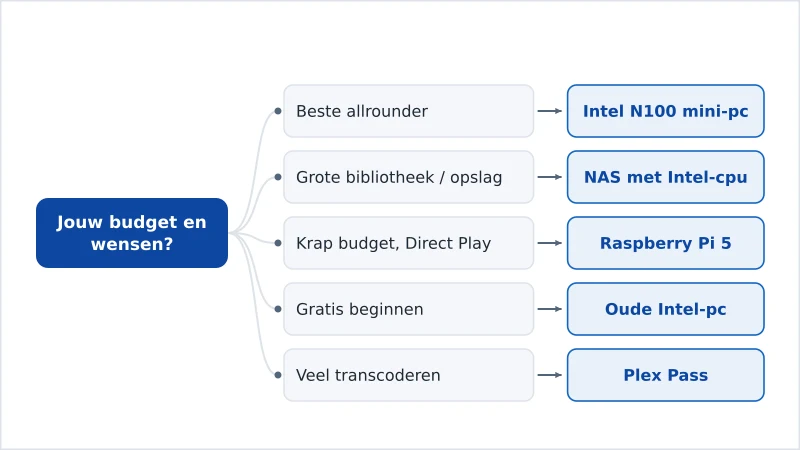 Een schema dat hardware voor een Plex-server koppelt aan budget en transcodingbehoefte