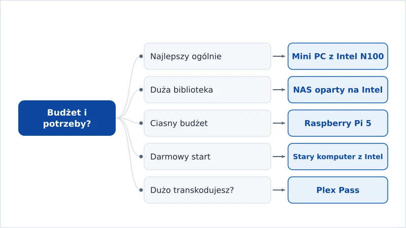 Wykres dopasowujący sprzęt na serwer Plex do budżetu i potrzeb transkodowania