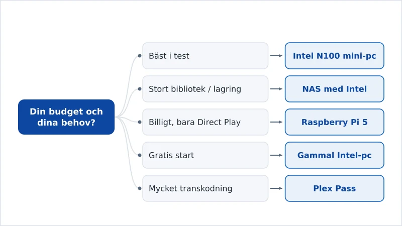 Ett diagram som matchar hårdvara till en Plex-server mot budget och transkodningsbehov